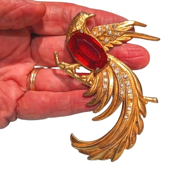 Vintage 1940 red & gold faceted rare crystal Gold plate bird of Paradise - Picture 4 of 16